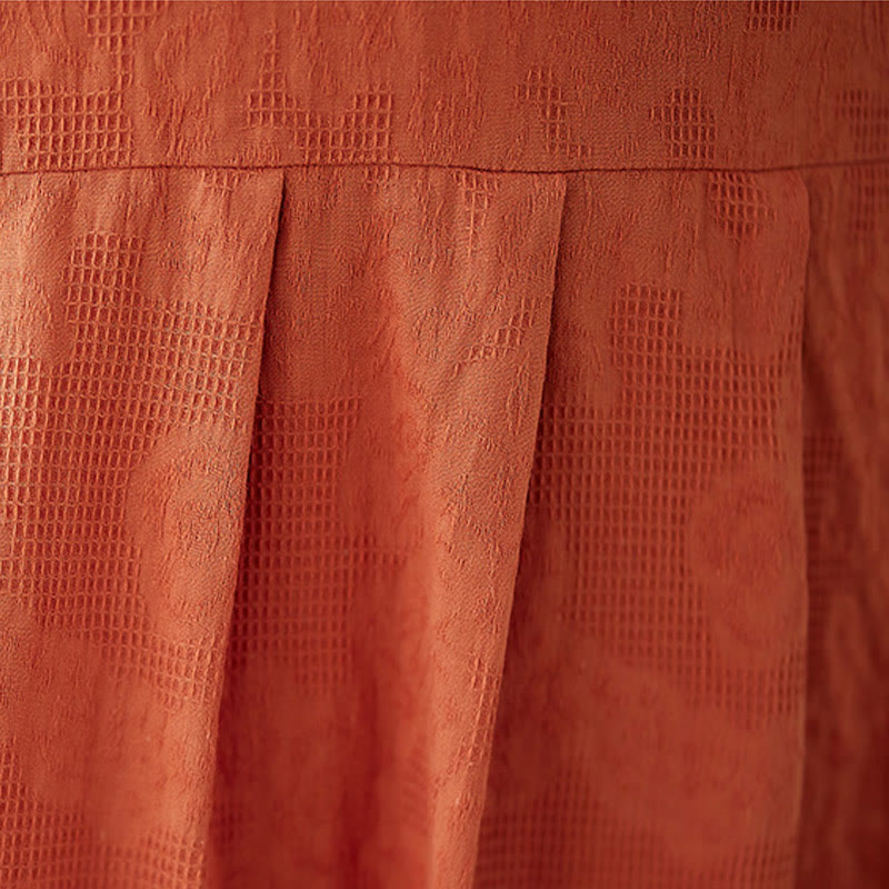 Robe mi-longue décontractée en coton et lin à manches courtes bouffantes et col ras du cou en jacquard de couleur unie avec Buddha Stones