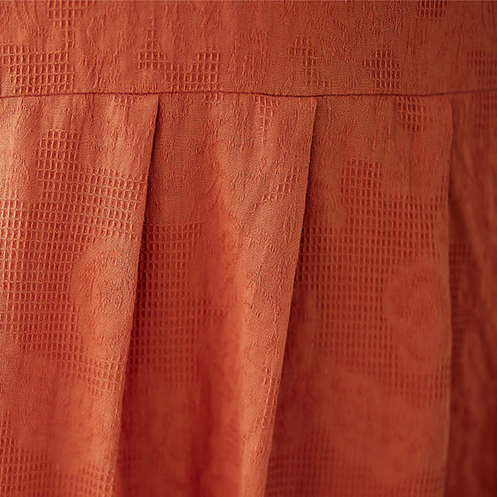 Robe mi-longue décontractée en coton et lin à manches courtes bouffantes et col ras du cou en jacquard de couleur unie avec Buddha Stones