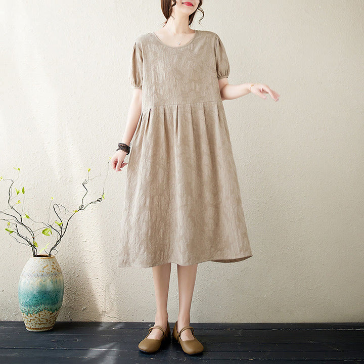 Robe mi-longue décontractée en coton et lin à manches courtes bouffantes et col ras du cou en jacquard de couleur unie avec Buddha Stones