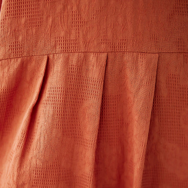 Robe mi-longue décontractée en coton et lin à manches courtes bouffantes et col ras du cou en jacquard de couleur unie avec Buddha Stones