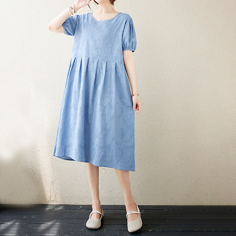 Robe mi-longue décontractée en coton et lin à manches courtes bouffantes et col ras du cou en jacquard de couleur unie avec Buddha Stones