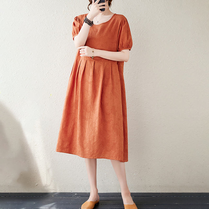 Robe mi-longue décontractée en coton et lin à manches courtes bouffantes et col ras du cou en jacquard de couleur unie avec Buddha Stones