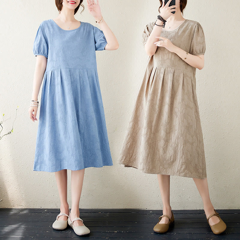 Robe mi-longue décontractée en coton et lin à manches courtes bouffantes et col ras du cou en jacquard de couleur unie avec Buddha Stones
