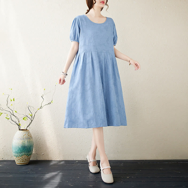 Robe mi-longue décontractée en coton et lin à manches courtes bouffantes et col ras du cou en jacquard de couleur unie avec Buddha Stones