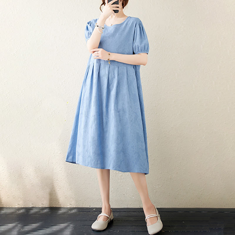 Robe mi-longue décontractée en coton et lin à manches courtes bouffantes et col ras du cou en jacquard de couleur unie avec Buddha Stones - image 20