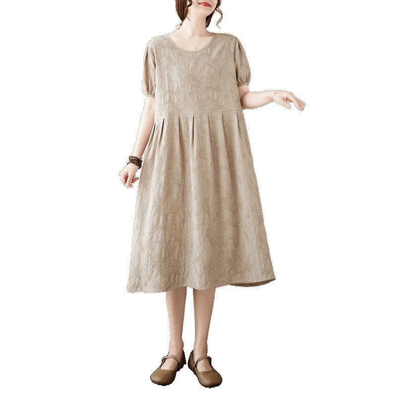 Robe mi-longue décontractée en coton et lin à manches courtes bouffantes et col ras du cou en jacquard de couleur unie avec Buddha Stones