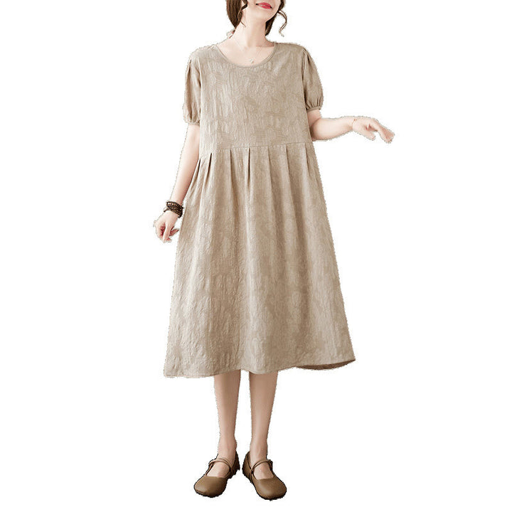 Robe mi-longue décontractée en coton et lin à manches courtes bouffantes et col ras du cou en jacquard de couleur unie avec Buddha Stones