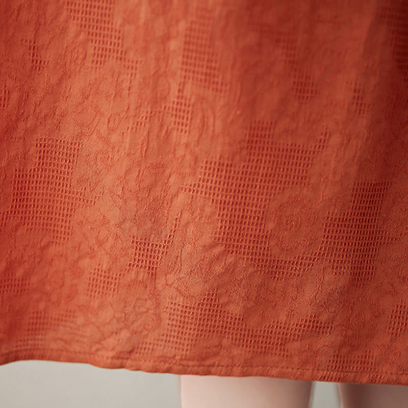 Robe mi-longue décontractée en coton et lin à manches courtes bouffantes et col ras du cou en jacquard de couleur unie avec Buddha Stones
