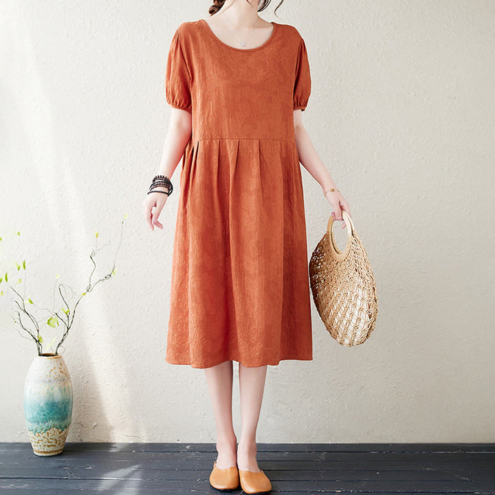 Robe mi-longue décontractée en coton et lin à manches courtes bouffantes et col ras du cou en jacquard de couleur unie avec Buddha Stones