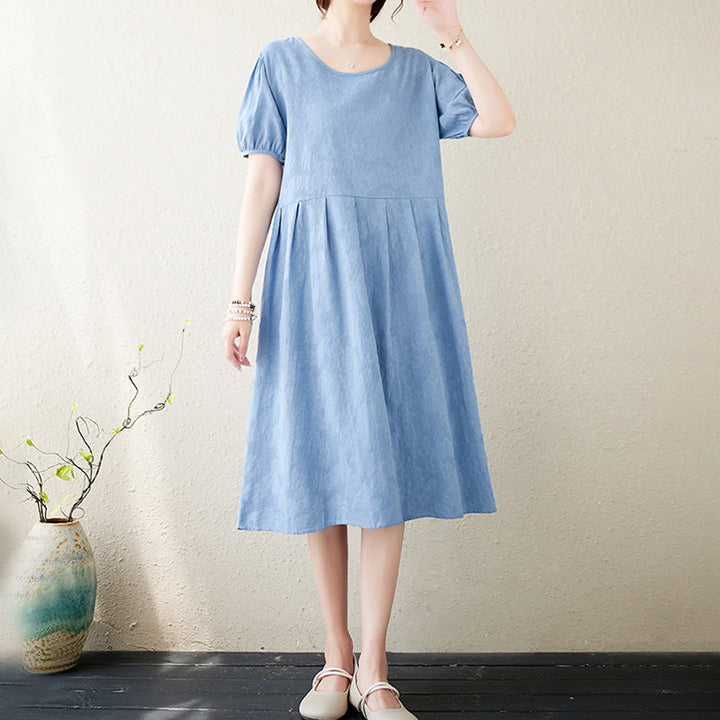 Robe mi-longue décontractée en coton et lin à manches courtes bouffantes et col ras du cou en jacquard de couleur unie avec Buddha Stones