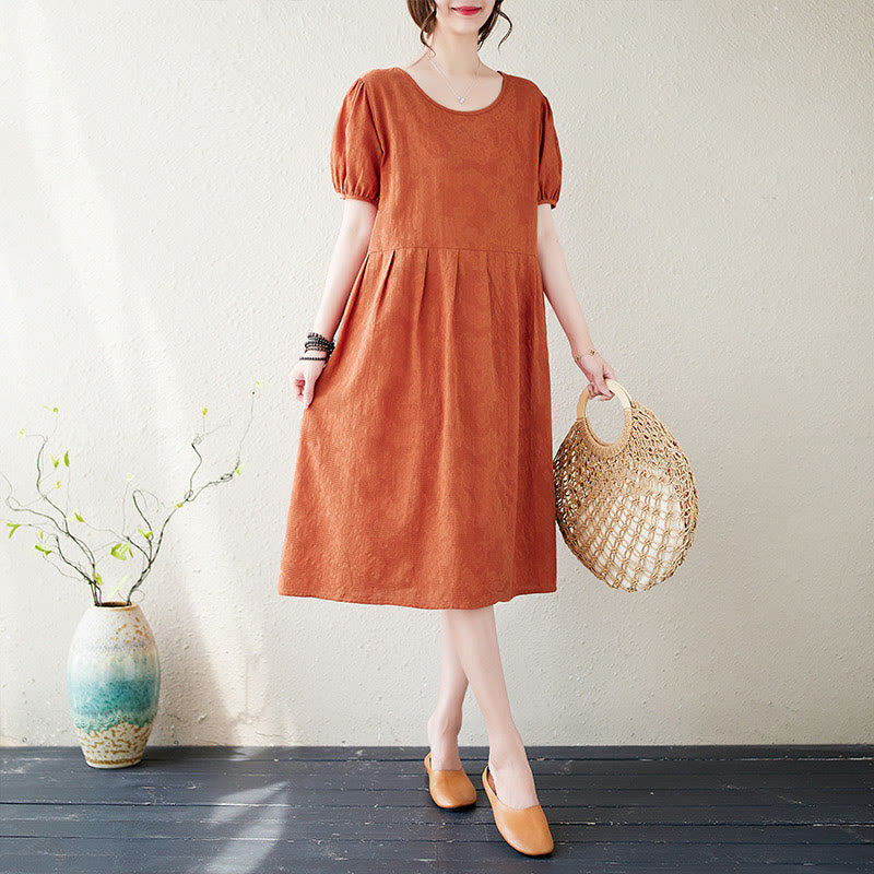 Robe mi-longue décontractée en coton et lin à manches courtes bouffantes et col ras du cou en jacquard de couleur unie avec Buddha Stones - OrangeRouge - US8-10，UK/AU12-14，EU40-42 (2XL) - image 0