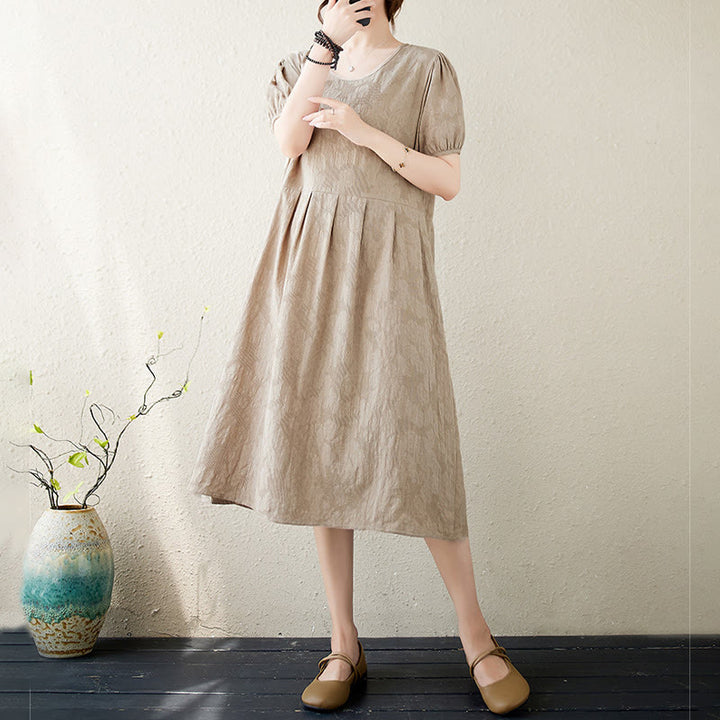 Robe mi-longue décontractée en coton et lin à manches courtes bouffantes et col ras du cou en jacquard de couleur unie avec Buddha Stones