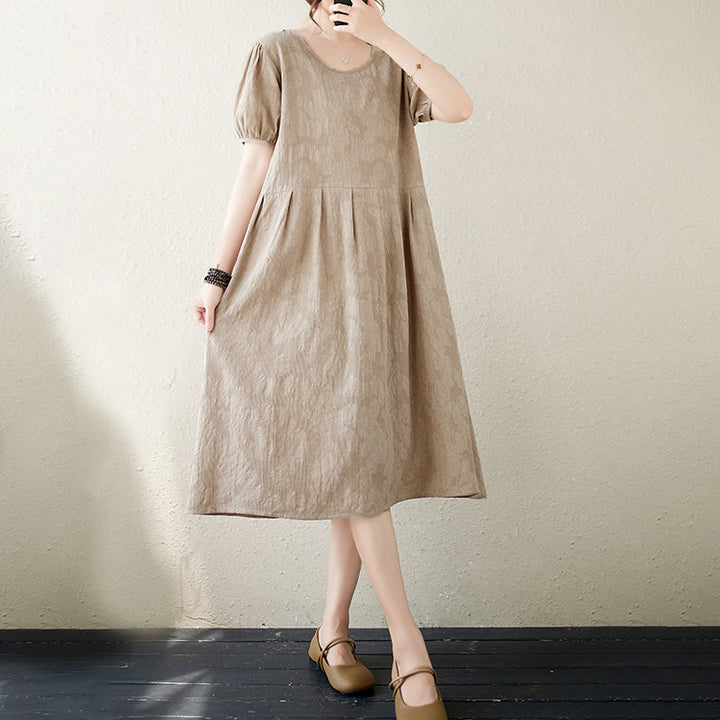 Robe mi-longue décontractée en coton et lin à manches courtes bouffantes et col ras du cou en jacquard de couleur unie avec Buddha Stones