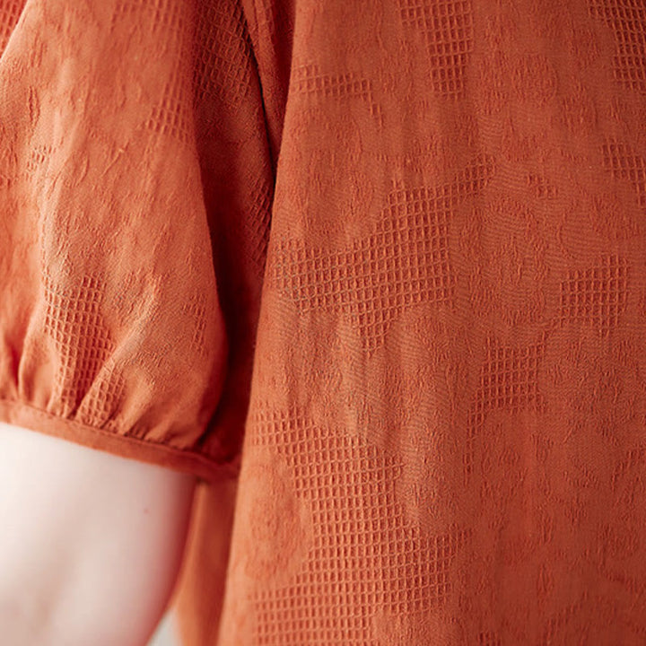 Robe mi-longue décontractée en coton et lin à manches courtes bouffantes et col ras du cou en jacquard de couleur unie avec Buddha Stones