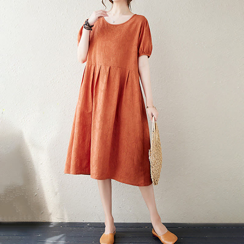 Robe mi-longue décontractée en coton et lin à manches courtes bouffantes et col ras du cou en jacquard de couleur unie avec Buddha Stones