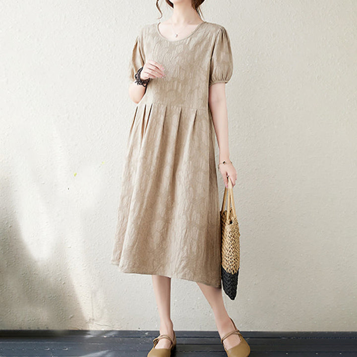 Robe mi-longue décontractée en coton et lin à manches courtes bouffantes et col ras du cou en jacquard de couleur unie avec Buddha Stones