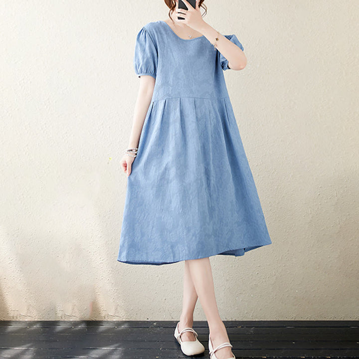 Robe mi-longue décontractée en coton et lin à manches courtes bouffantes et col ras du cou en jacquard de couleur unie avec Buddha Stones - image 19