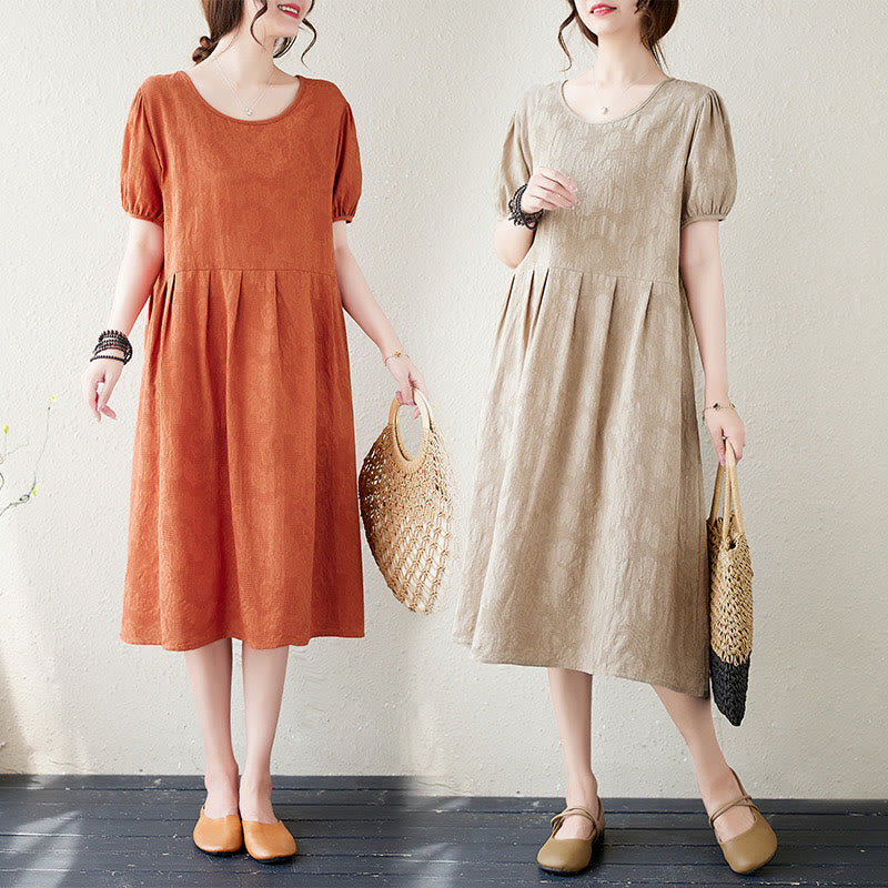 Robe mi-longue décontractée en coton et lin à manches courtes bouffantes et col ras du cou en jacquard de couleur unie avec Buddha Stones