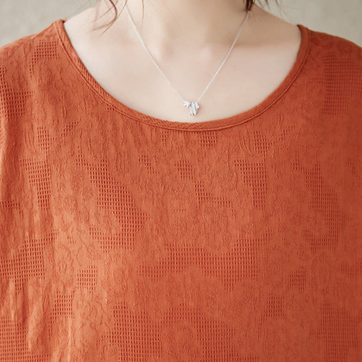 Robe mi-longue décontractée en coton et lin à manches courtes bouffantes et col ras du cou en jacquard de couleur unie avec Buddha Stones
