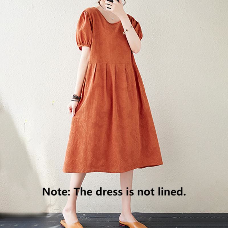 Robe mi-longue décontractée en coton et lin à manches courtes bouffantes et col ras du cou en jacquard de couleur unie avec Buddha Stones