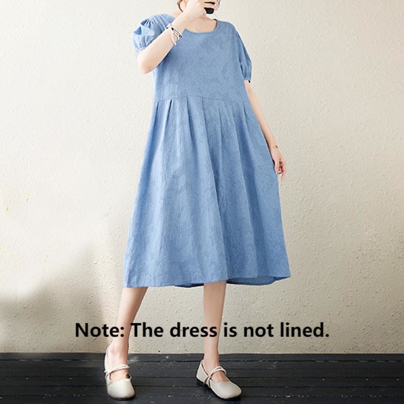 Robe mi-longue décontractée en coton et lin à manches courtes bouffantes et col ras du cou en jacquard de couleur unie avec Buddha Stones - image 18