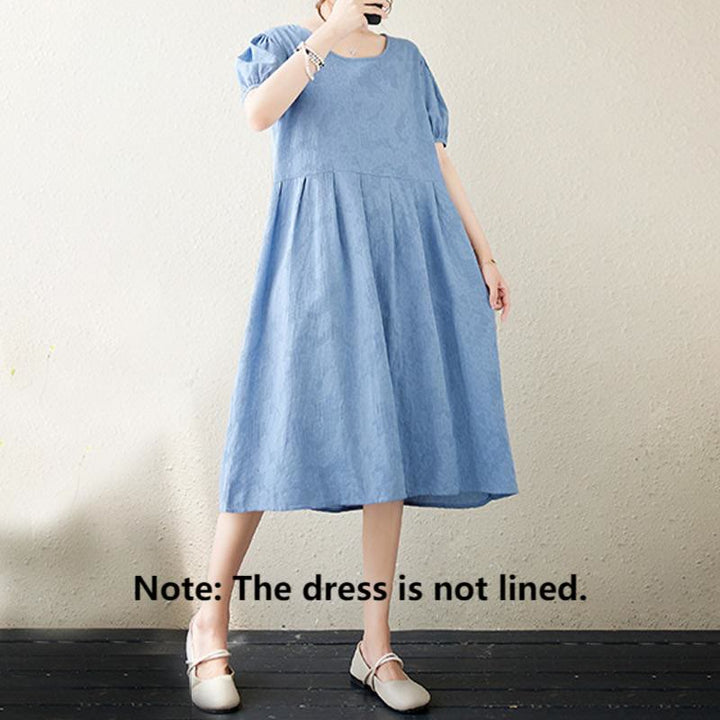 Robe mi-longue décontractée en coton et lin à manches courtes bouffantes et col ras du cou en jacquard de couleur unie avec Buddha Stones - image 18