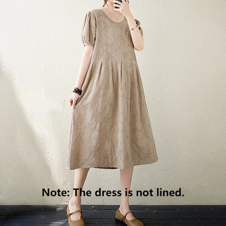 Robe mi-longue décontractée en coton et lin à manches courtes bouffantes et col ras du cou en jacquard de couleur unie avec Buddha Stones