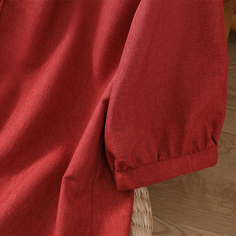Chemise à manches trois-quarts en coton et lin pour femme, motif Buddha Stones, col ras du cou et boutons unis
