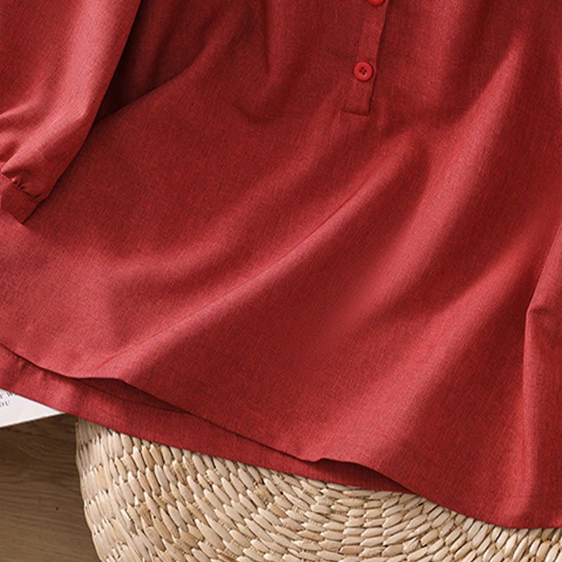 Chemise à manches trois-quarts en coton et lin pour femme, motif Buddha Stones, col ras du cou et boutons unis