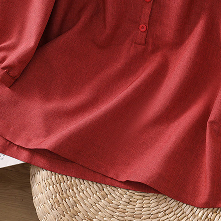 Chemise à manches trois-quarts en coton et lin pour femme, motif Buddha Stones, col ras du cou et boutons unis - image 1