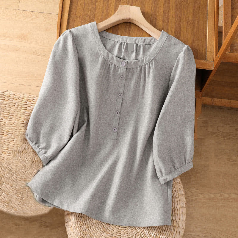 Chemise à manches trois-quarts en coton et lin pour femme, motif Buddha Stones, col ras du cou et boutons unis