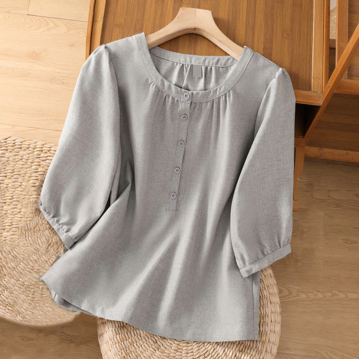 Chemise à manches trois-quarts en coton et lin pour femme, motif Buddha Stones, col ras du cou et boutons unis