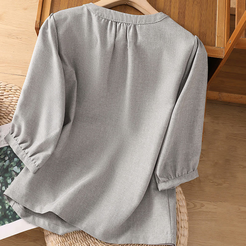 Chemise à manches trois-quarts en coton et lin pour femme, motif Buddha Stones, col ras du cou et boutons unis