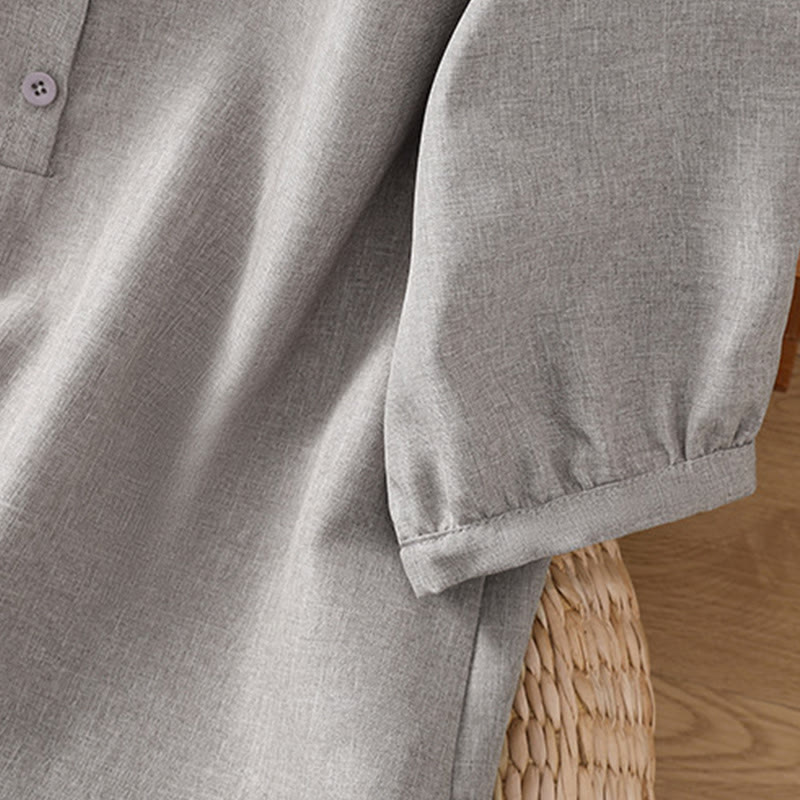 Chemise à manches trois-quarts en coton et lin pour femme, motif Buddha Stones, col ras du cou et boutons unis - image 5