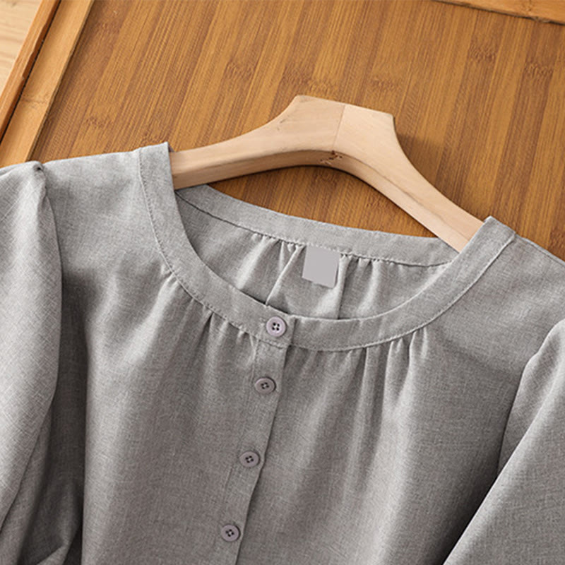 Chemise à manches trois-quarts en coton et lin pour femme, motif Buddha Stones, col ras du cou et boutons unis - image 6