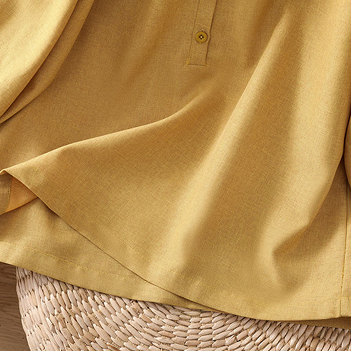 Chemise à manches trois-quarts en coton et lin pour femme, motif Buddha Stones, col ras du cou et boutons unis