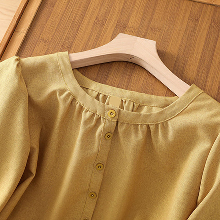 Chemise à manches trois-quarts en coton et lin pour femme, motif Buddha Stones, col ras du cou et boutons unis