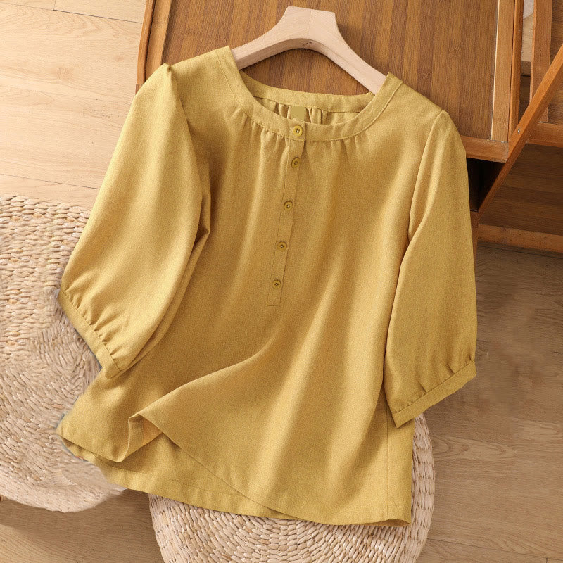 Chemise à manches trois-quarts en coton et lin pour femme, motif Buddha Stones, col ras du cou et boutons unis - Kaki - US14，UK/AU18，EU46 (2XL) - image 7