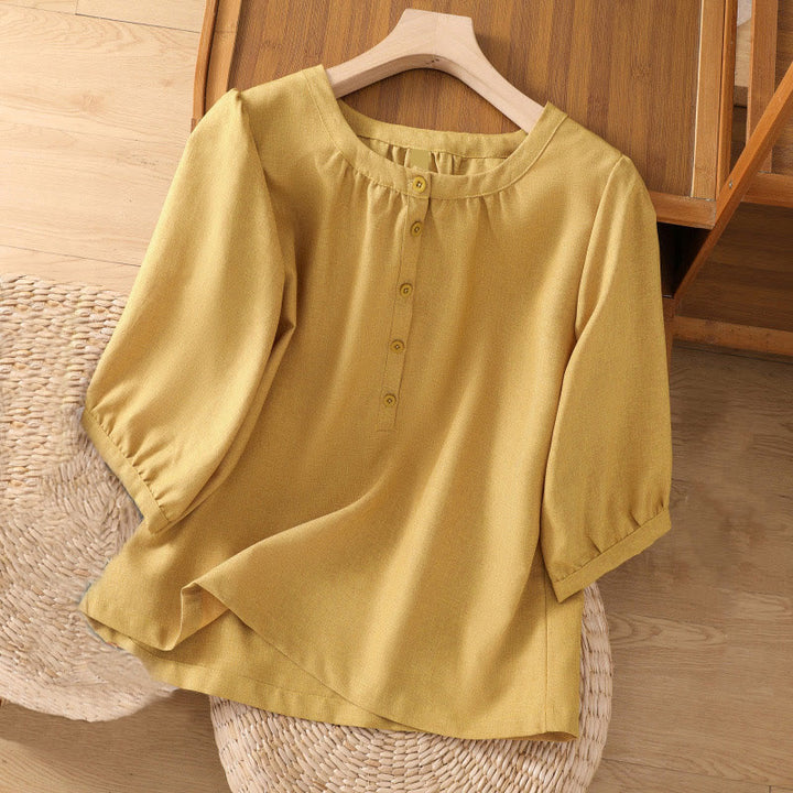 Chemise à manches trois-quarts en coton et lin pour femme, motif Buddha Stones, col ras du cou et boutons unis