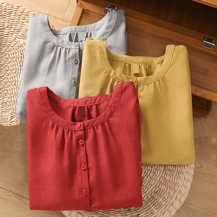 Chemise à manches trois-quarts en coton et lin pour femme, motif Buddha Stones, col ras du cou et boutons unis