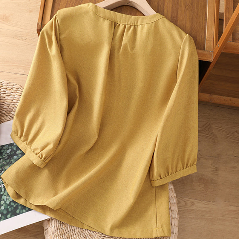 Chemise à manches trois-quarts en coton et lin pour femme, motif Buddha Stones, col ras du cou et boutons unis