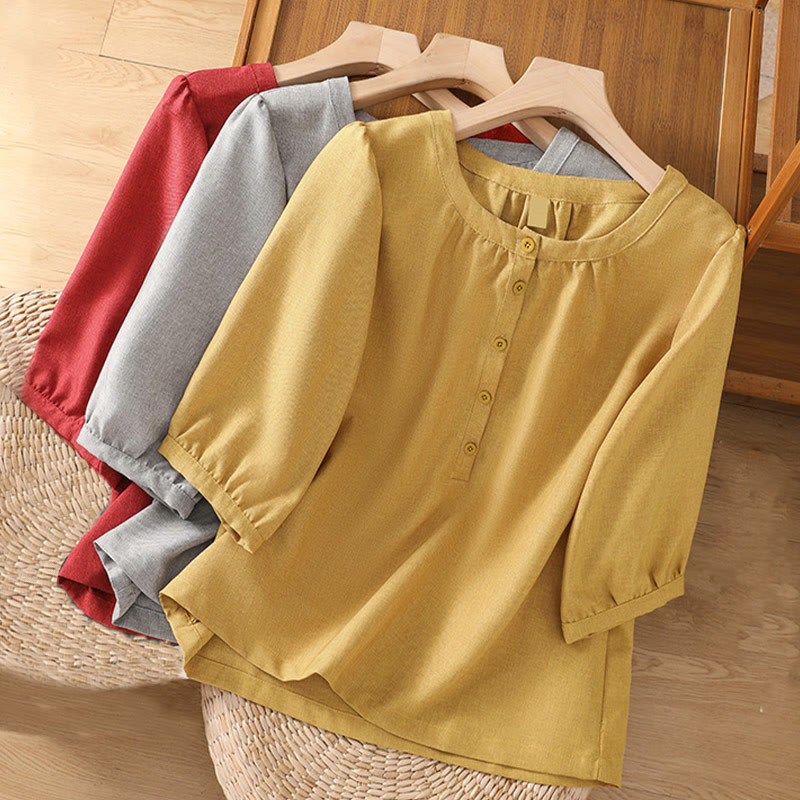 Chemise à manches trois-quarts en coton et lin pour femme, motif Buddha Stones, col ras du cou et boutons unis