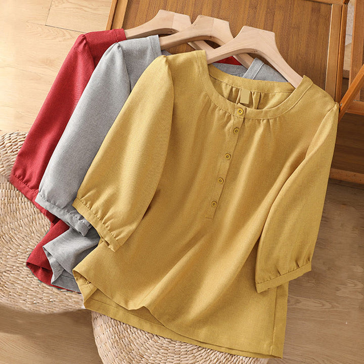 Chemise à manches trois-quarts en coton et lin pour femme, motif Buddha Stones, col ras du cou et boutons unis