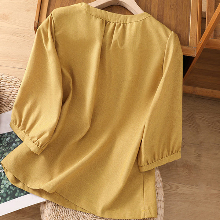 Chemise à manches trois-quarts en coton et lin pour femme, motif Buddha Stones, col ras du cou et boutons unis - image 8