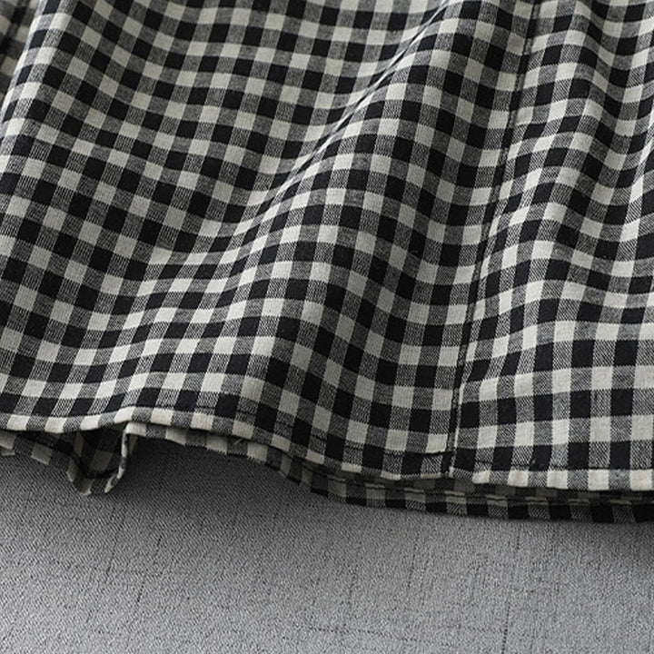 Robe mi-longue Buddha Stones à carreaux style vintage avec revers et manches courtes en coton et poches - image 5