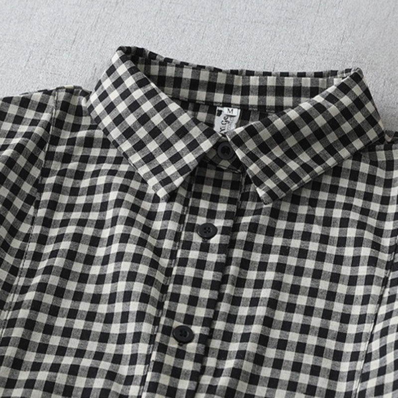 Robe mi-longue Buddha Stones à carreaux style vintage avec revers et manches courtes en coton et poches - image 2