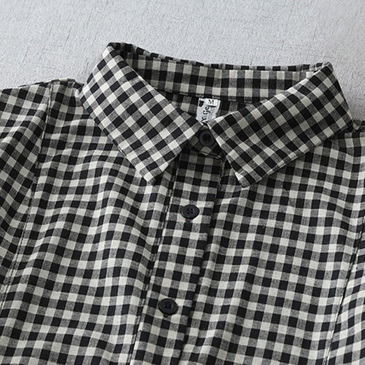 Robe mi-longue Buddha Stones à carreaux style vintage avec revers et manches courtes en coton et poches - image 2