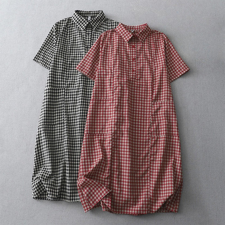 Robe mi-longue Buddha Stones à carreaux style vintage avec revers et manches courtes en coton et poches - image 15