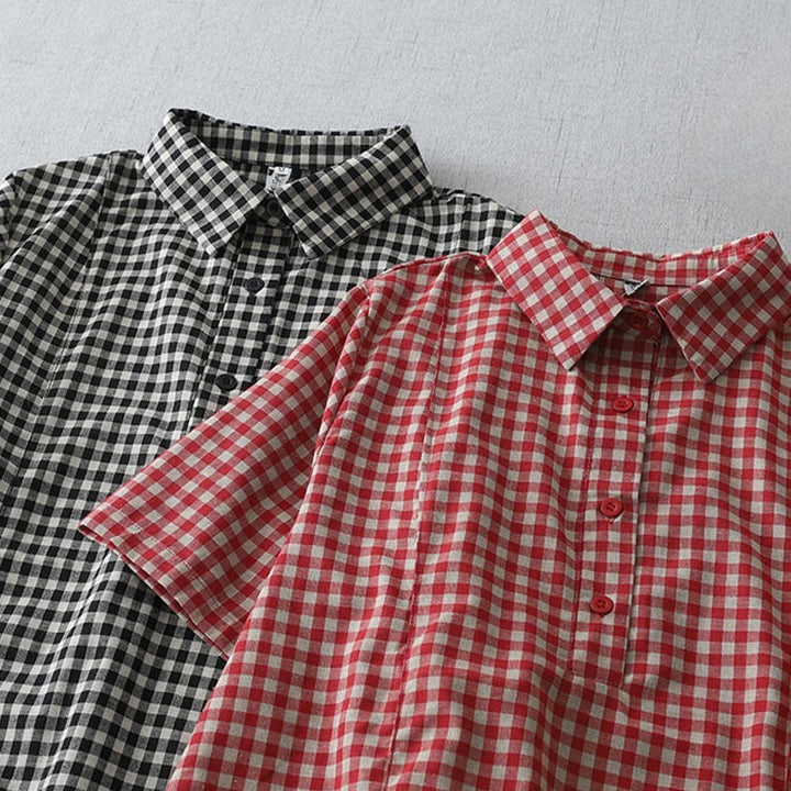 Robe mi-longue Buddha Stones à carreaux style vintage avec revers et manches courtes en coton et poches - image 16