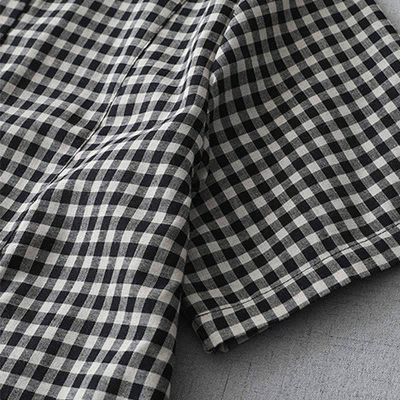 Robe mi-longue Buddha Stones à carreaux style vintage avec revers et manches courtes en coton et poches - image 4